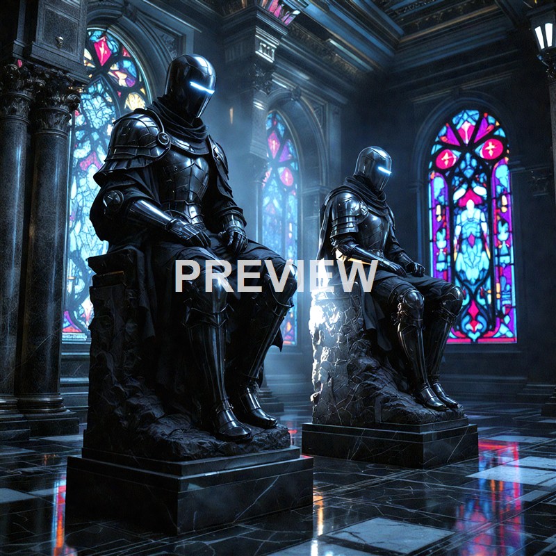 Two futuristic knights in black armor with glowing visors are seated on thrones inside a gothic-style cathedral with colorful stained glass windows.